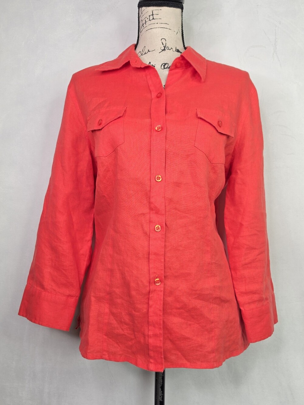 Chaus Organic 100% Linen Coral Blaze Button Down Shirt Top Medium